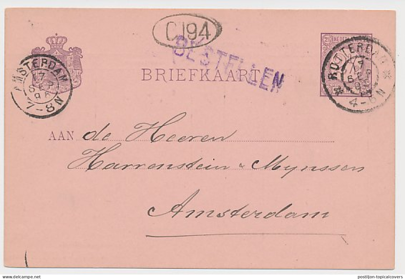 Briefkaart G. 32 Particulier Bedrukt Rotterdam 1895 - Entiers Postaux