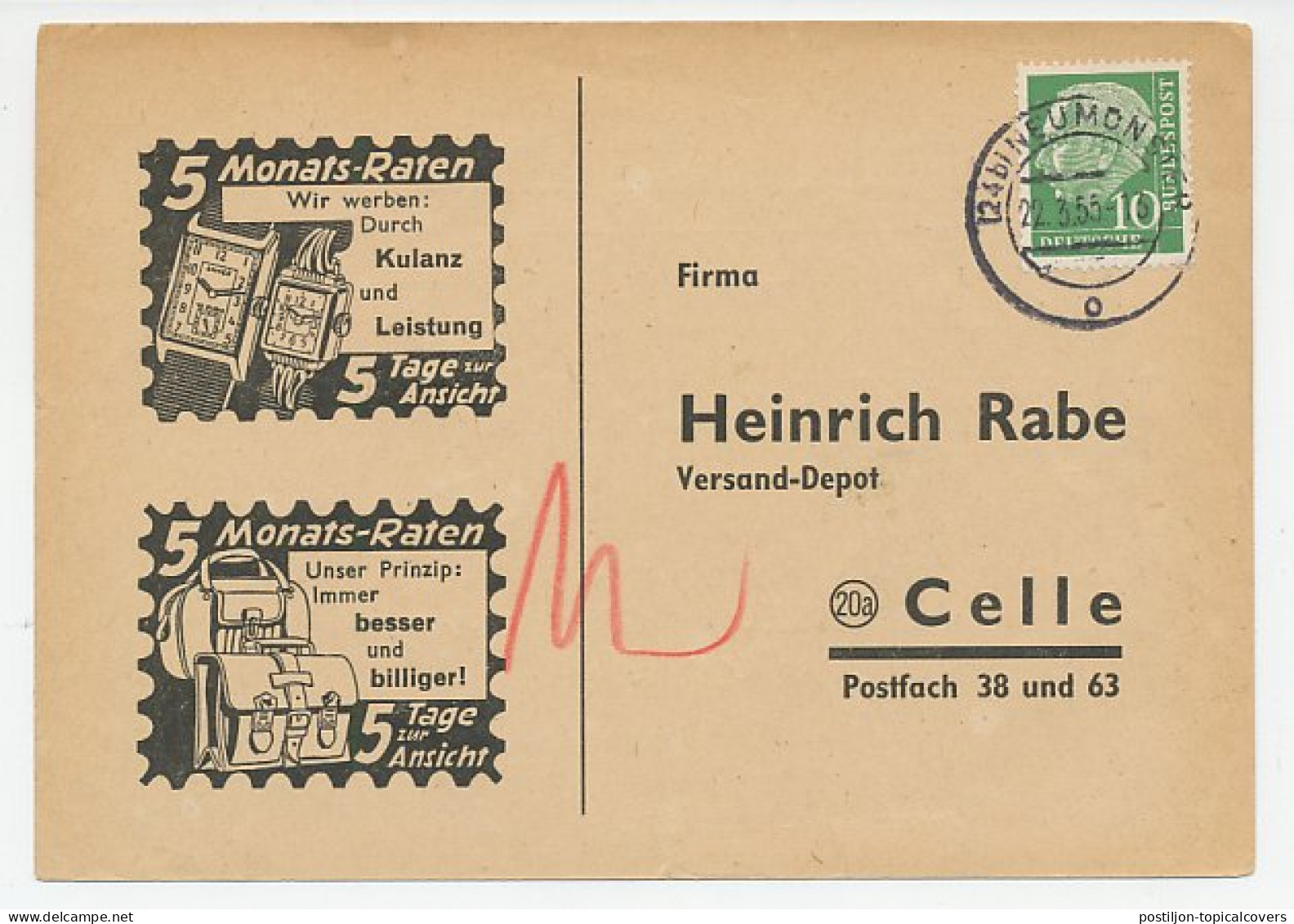 Illustrated Card Germany 1955 Watch - Schoolbag  - Orologeria