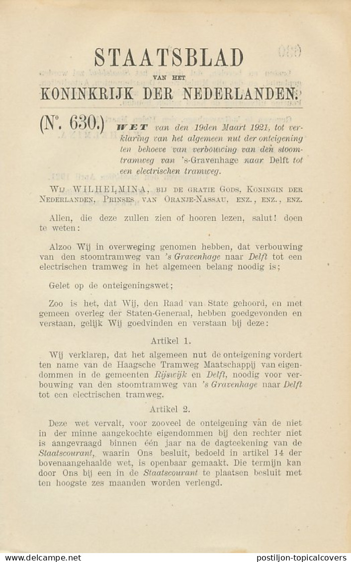 Staatsblad 1921 : Spoorlijn S Gravenhage - Delft - Documents Historiques