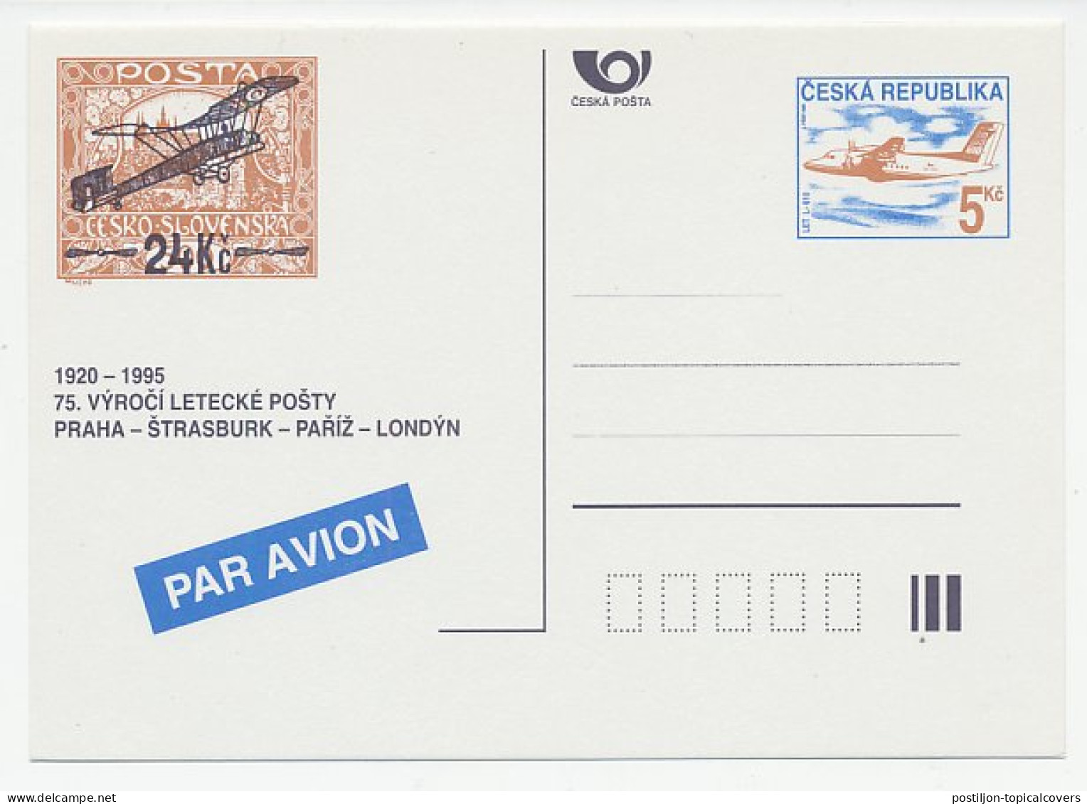 Postal Stationery Czechoslovakia 1995 75 Years Airmail - Sonstige & Ohne Zuordnung