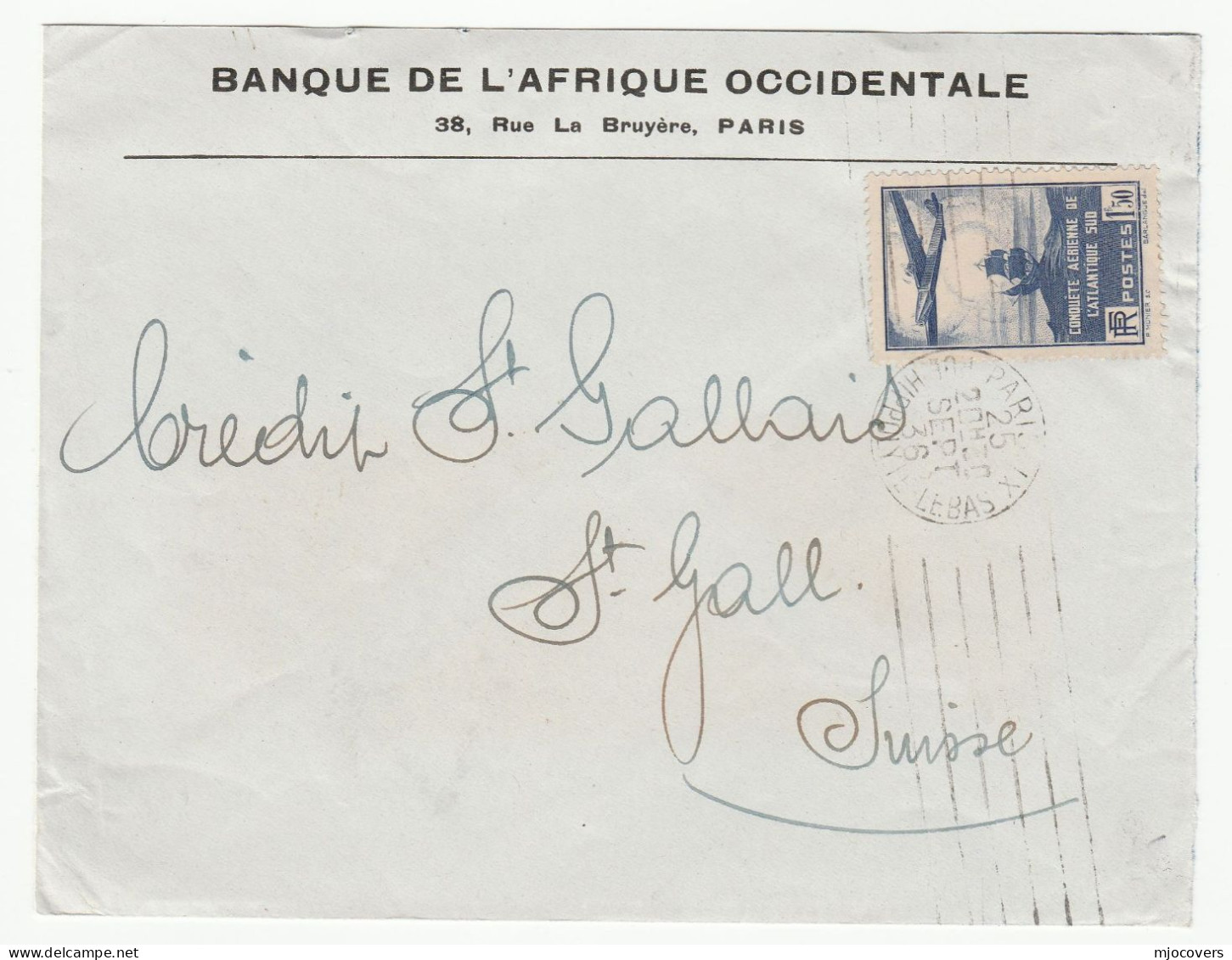 1936 FRANCE Cover Afrique Occidental BANK Paris To Switzerland 1f50 SOUTH  ATLANTIC AIRMAIL  STAMP Aircraft Aviation - Covers & Documents