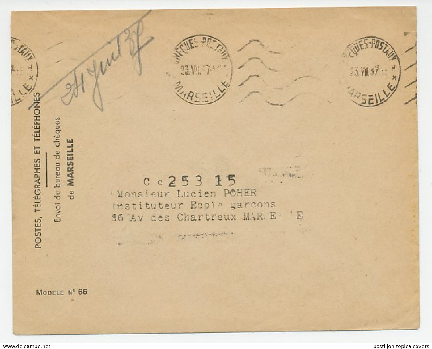 Postal Cheque Cover France 1937 General Transport Office - Altri & Non Classificati
