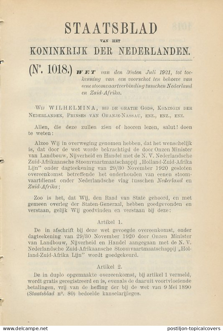 Staatsblad 1921 : Stoomvaartverbinding Nederland - Zuid Afrika - Documentos Históricos