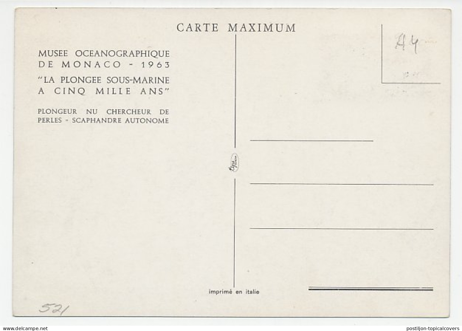 Maximum Card Monaco 1962 Mussel Diver - Scuba Diver - Maritiem Leven