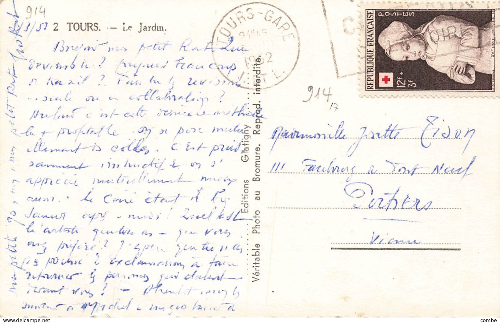 FRANCE SEUL SUR LETTRE. N° 914. CROIX ROUGE. CP. INTERIEUR - 1921-1960: Moderne