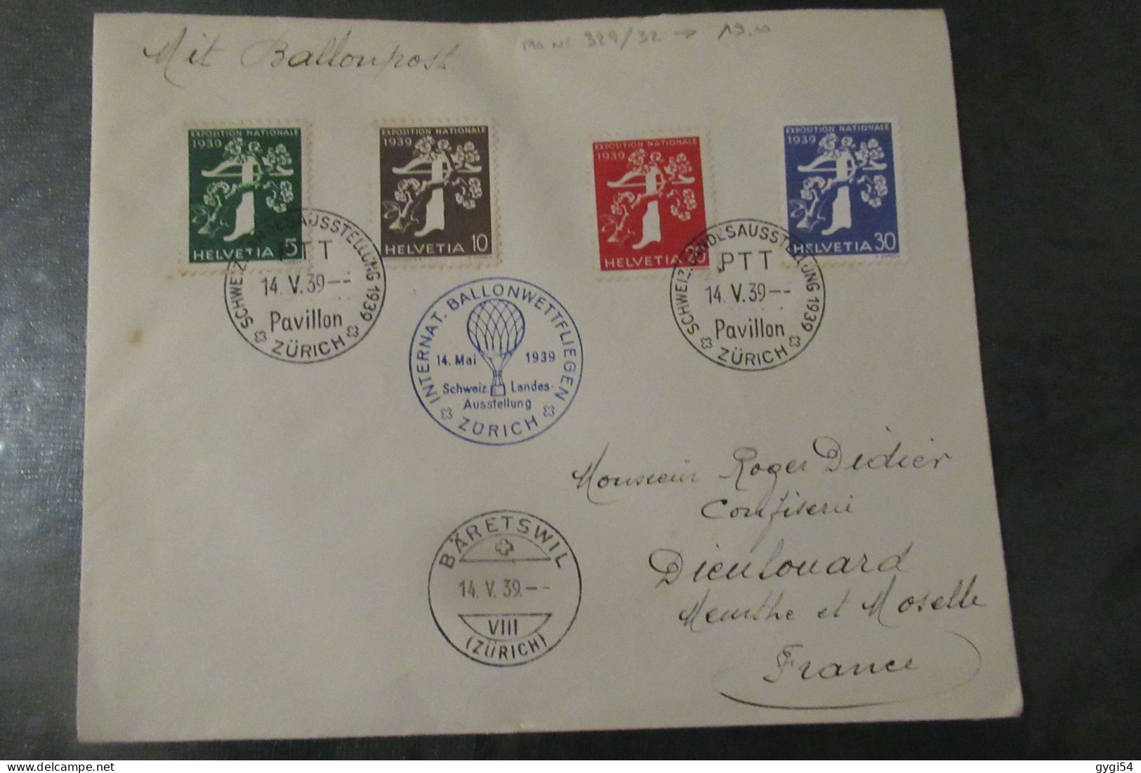 SUISSE LETTRE MIT BALLONPOST  DU 14  05 1939 DE ZURICH Pour Dieulouard  ( 54 ) - Covers & Documents
