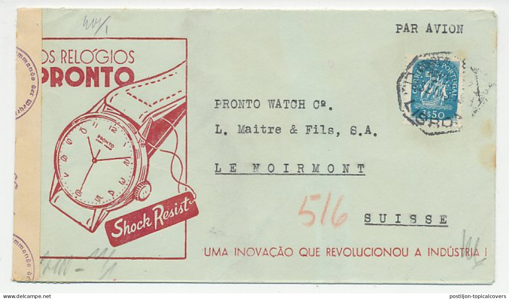 Illustrated Censored Cover Portugal 1943 Watch - Uhrmacherei