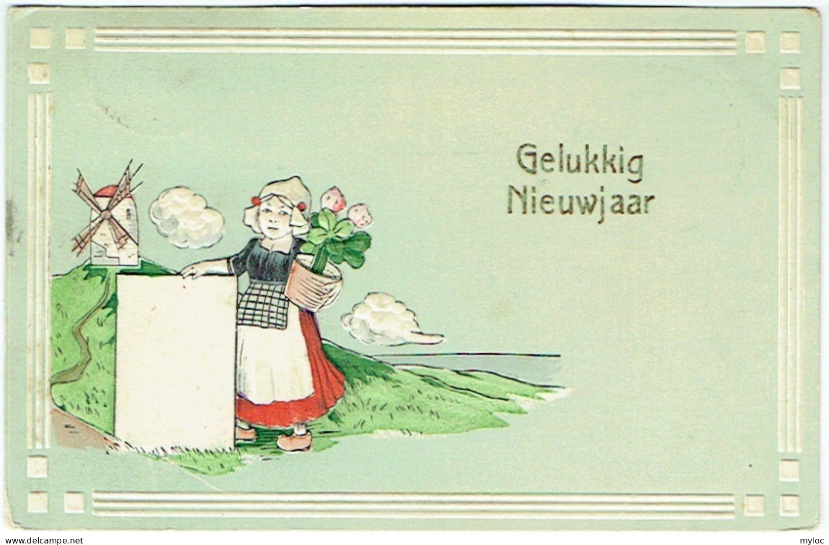 Carte Gaufrée. Illustrateur. Jeune Hollandaise, Fleurs & Moulin. Gelukkig Nieuwjaar. - Nouvel An