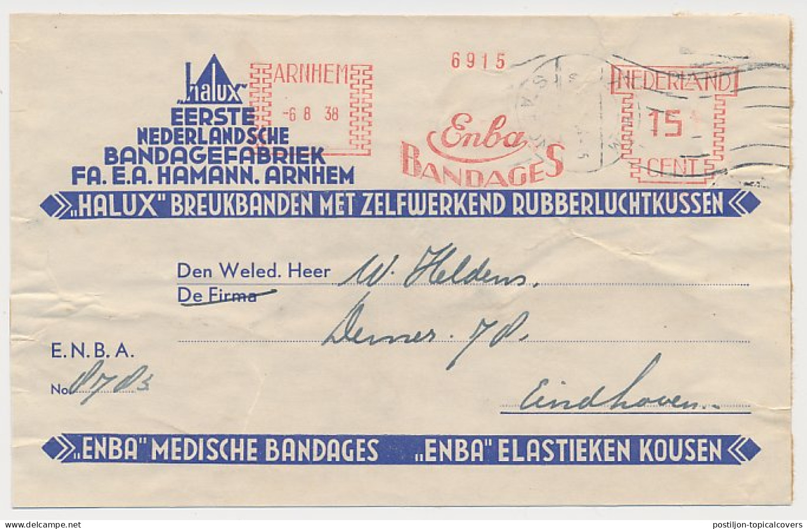 Address Label Netherlands 1938 Medical Bandages - Arnhem - Autres & Non Classés