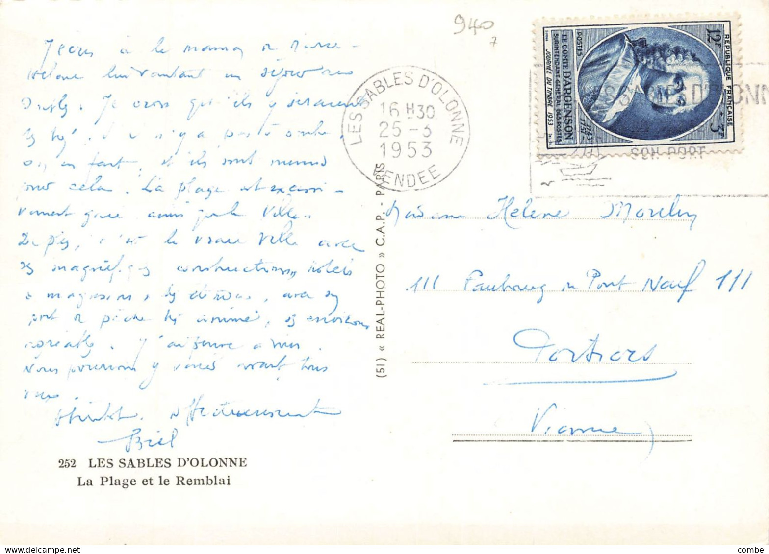 FRANCE SEUL SUR LETTRE. N° 940. SURTAXE.D'ARGENSON. CP. INTERIEUR - 1921-1960: Moderne