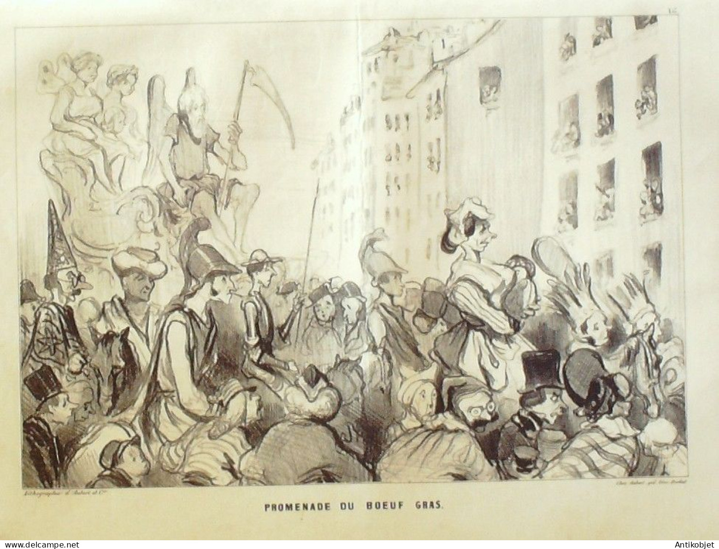 Litho Daumier Honoré Promenade Du Boeuf Gras Planche N°16 1838 - Stiche & Gravuren