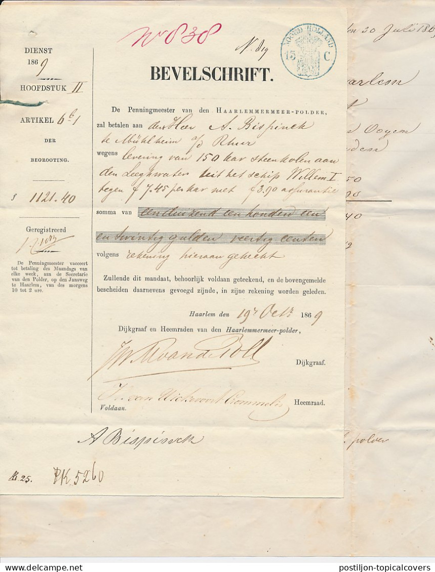 Fiscaal Stempel - Bevelschrift Haarlemmermeer Polder 1869 - Fiscaux