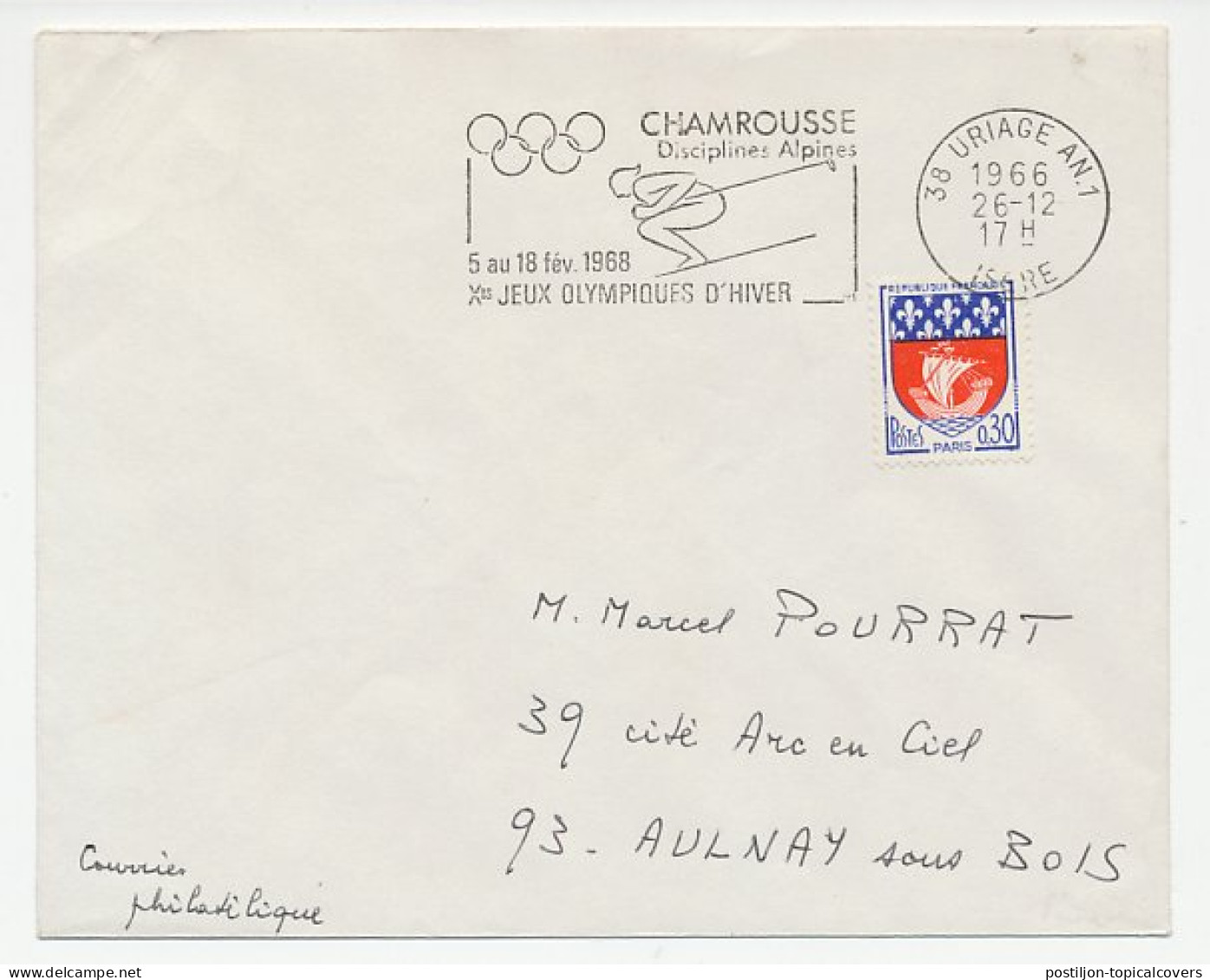 Cover / Postmark France 1966 Skiing - Winter Olympic Games 1964 - Otros & Sin Clasificación
