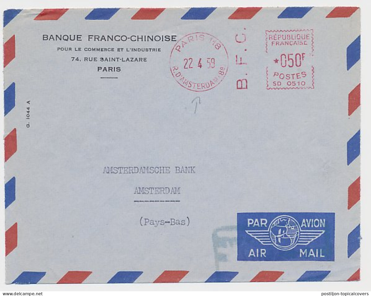 Meter Cover France 1959 Amsterdam - Bank - Geographie