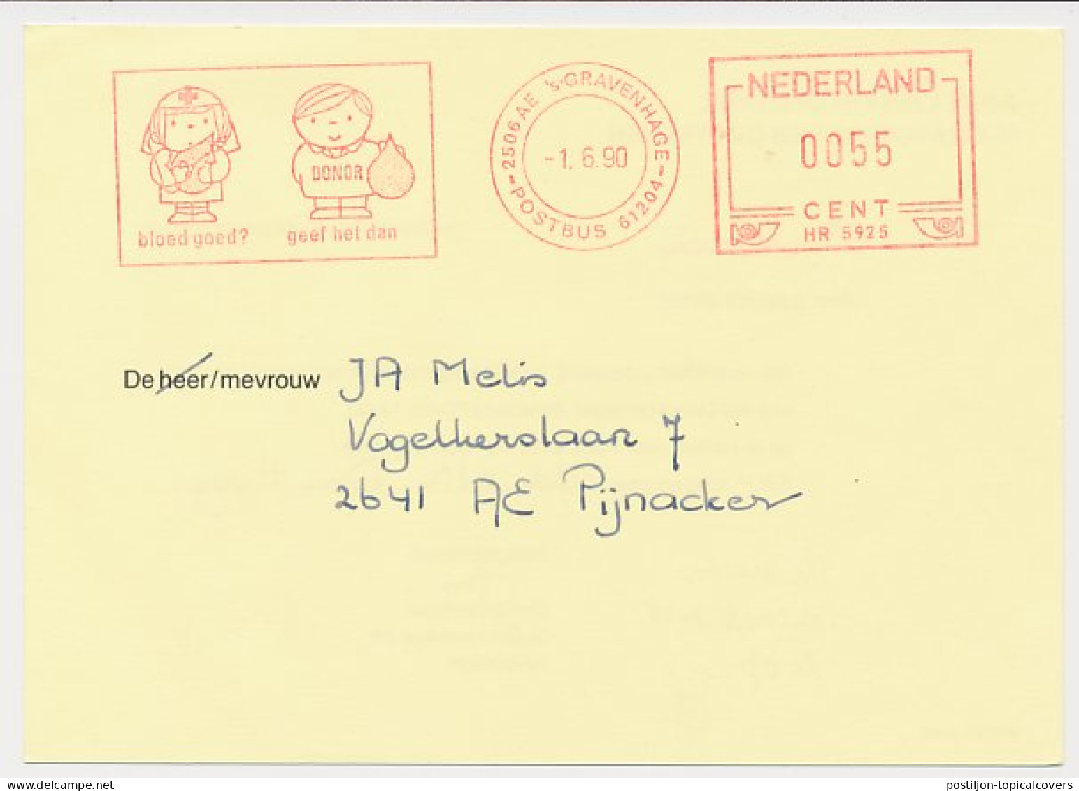 Meter Card Netherlands 1990 Blood Bank - Donor - Red Cross - Dick Bruna - Rotterdam - Otros & Sin Clasificación