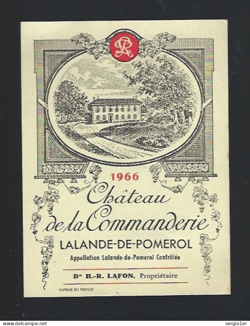 Etiquette Vin Chateau  De La Commanderie Lalande De Pomerol 1966  D H R Lafon  Propriétaire - Bordeaux