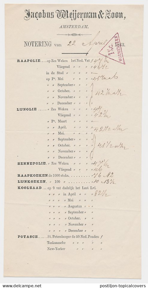 Wormerveer 1 1/2 C. Drukwerk Driehoekstempel 1863 - Binnenland - Steuermarken