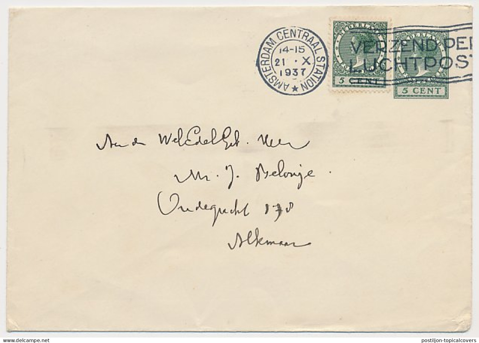 Envelop G. 25 A / Bijfrankering Amsterdam - Alkmaar 1937 - Postal Stationery