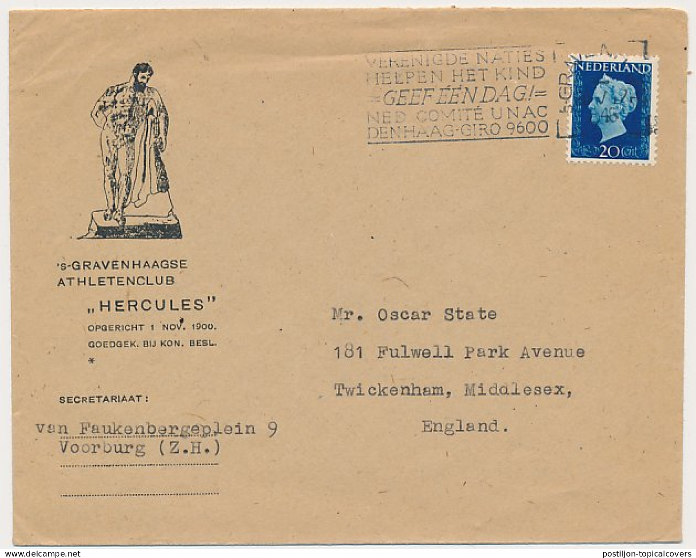 Envelop S Gravenhage 1948 - Athletenclub Hercules - Ohne Zuordnung