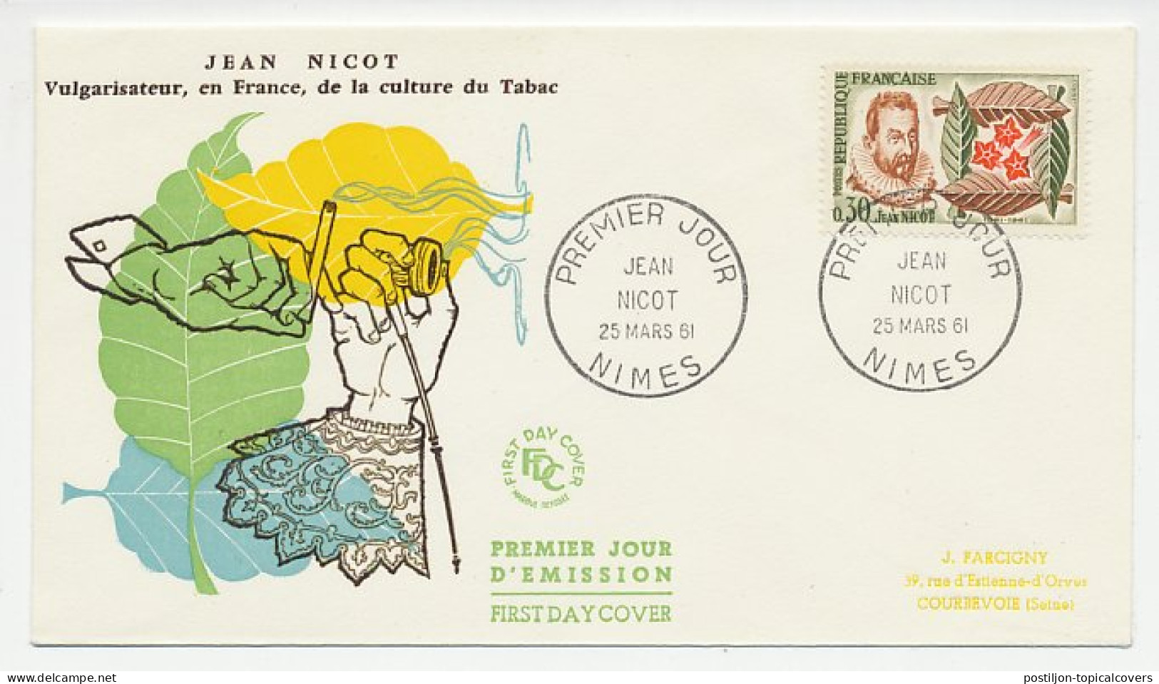 Cover / Postmark France 1961 Jean Nicot - Pipe - Cigarette - Tabacco