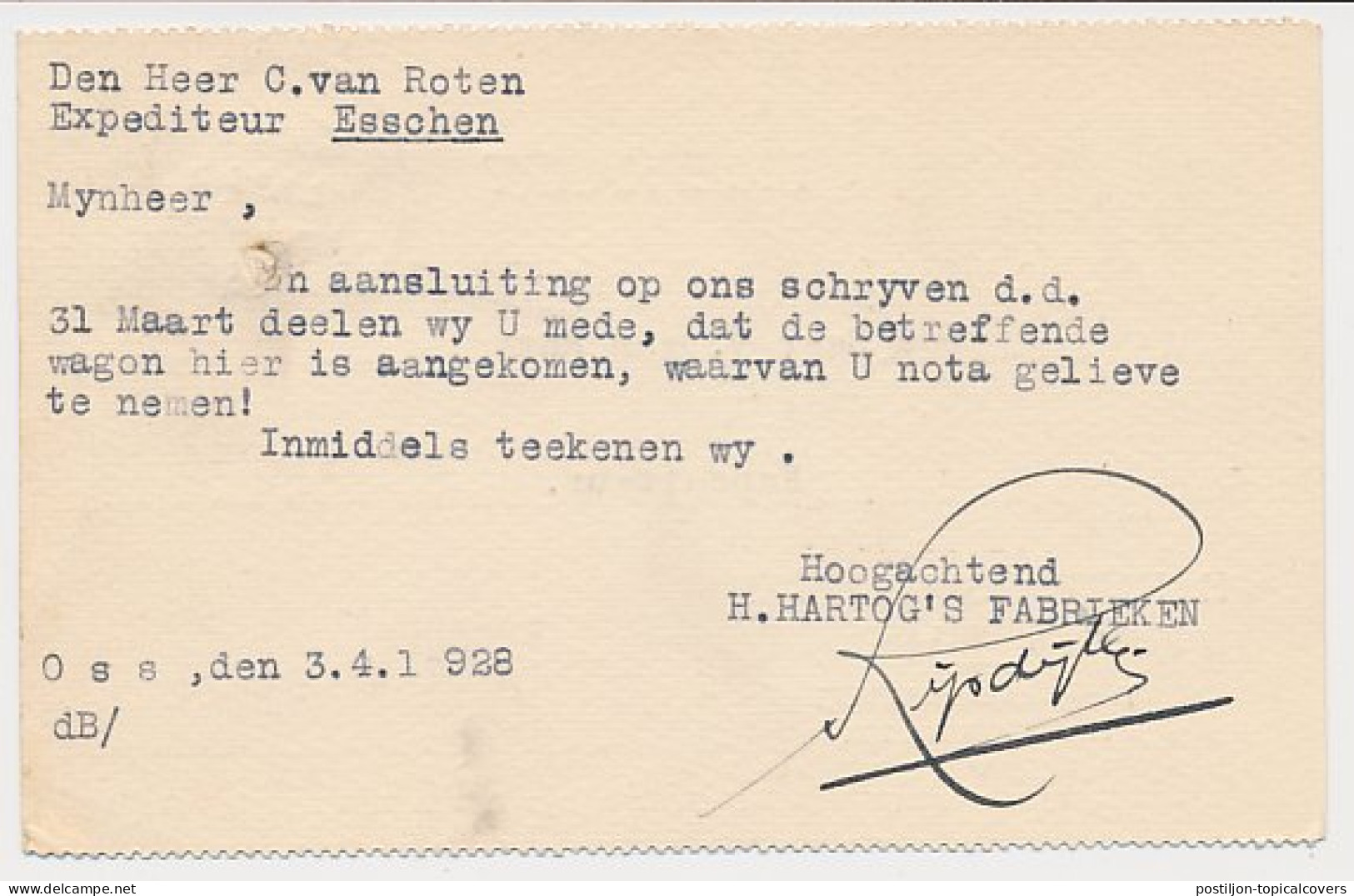 Firma Briefkaart Oss 1928 - Hartog S Fabrieken - Non Classés