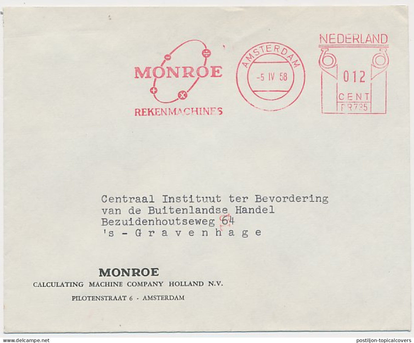 Meter Cover Netherlands 1958 Calculator - Calculating Machine Company - Monroe - Non Classés