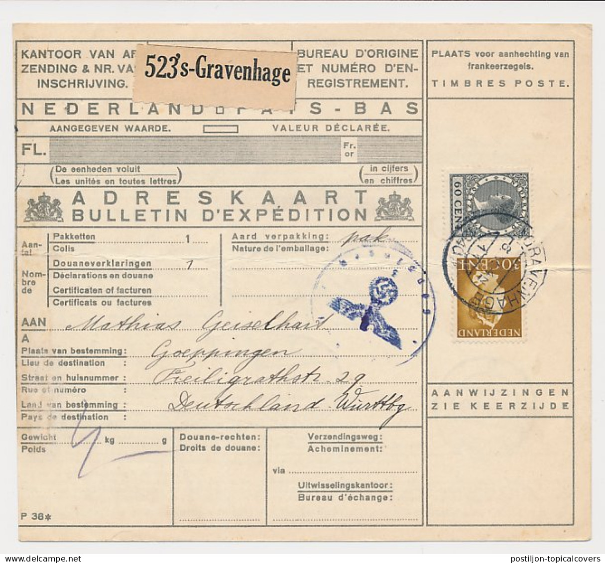 Em. Veth / Konijnenburg Pakketkaart Den Haag - Duitsland 1940 - Sin Clasificación