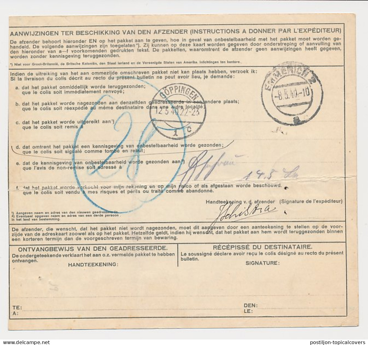 Em. Veth / Konijnenburg Pakketkaart Den Haag - Duitsland 1940 - Sin Clasificación