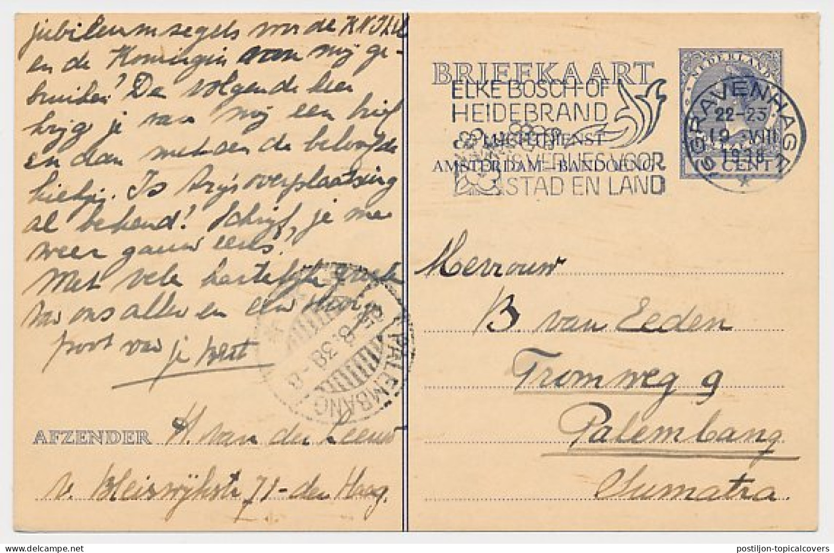 Briefkaart G. 241 S Gravenhage - Palembang Nederlands Indie 1938 - Material Postal