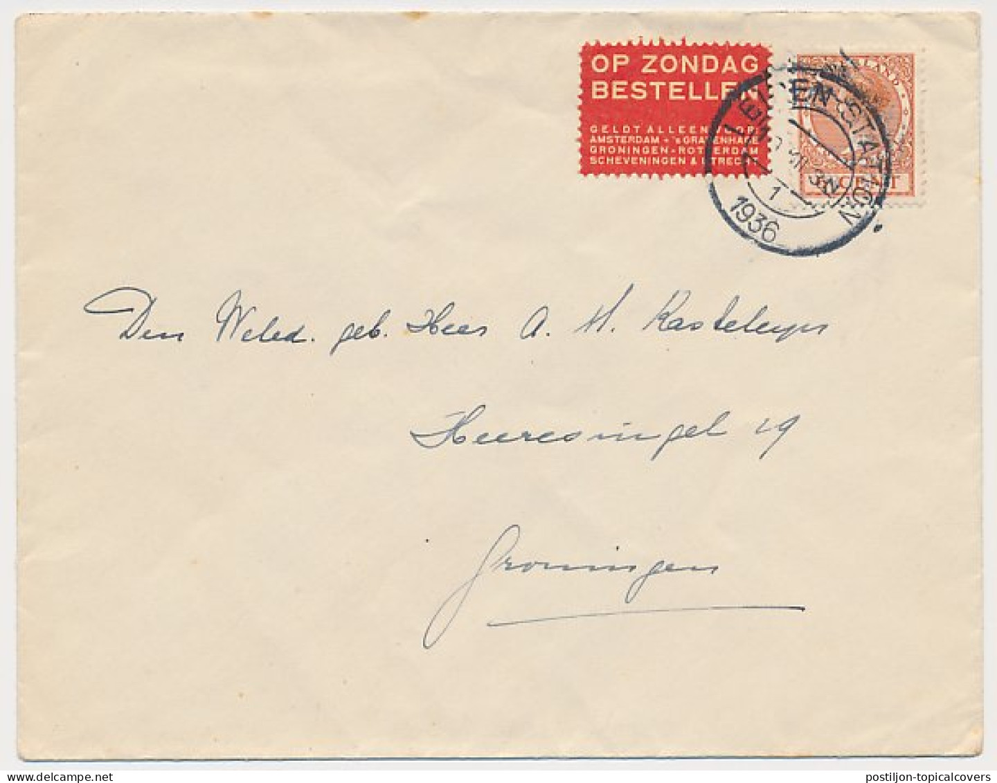 Op Zondag Bestellen - Leiden - Groningen 1936 - Storia Postale