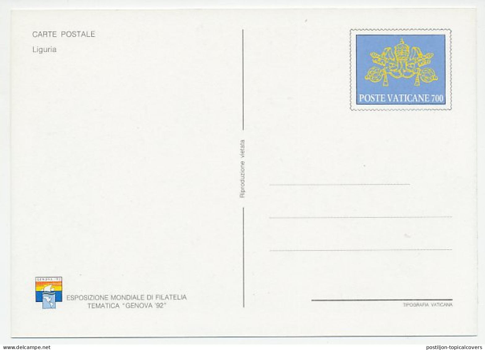Postal Stationery Vatican 1992 Coast Genova - Geography