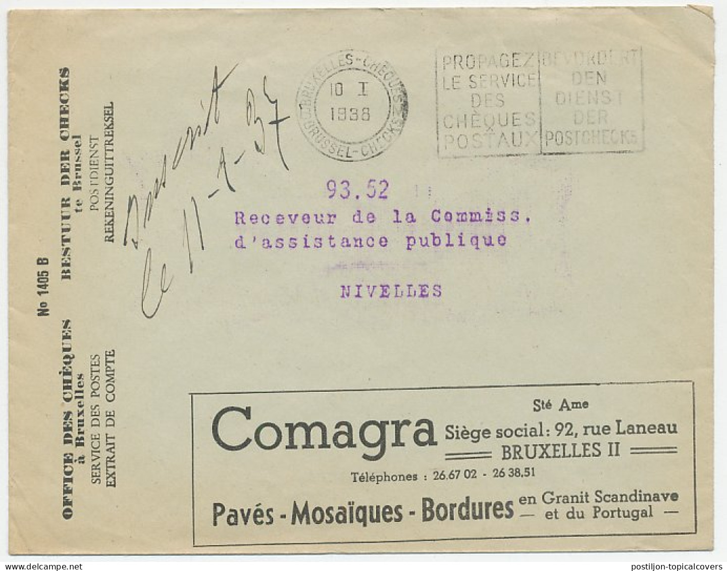 Postal Cheque Cover Belgium 1938 Typewriter - Roof Covering - Anal Itch Cream  - Unclassified