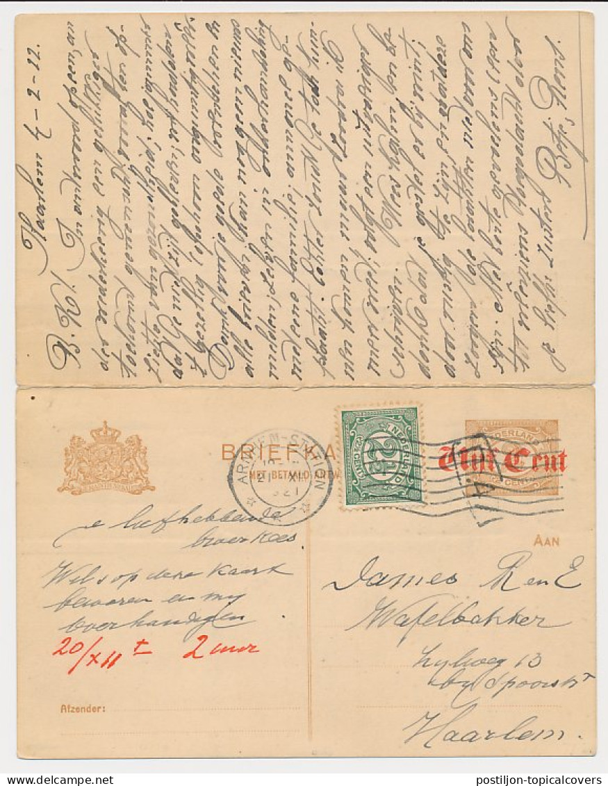 Briefkaart G. 108 I / Bijfrankering Arnhem - Haarlem 1921 V.v. - Material Postal