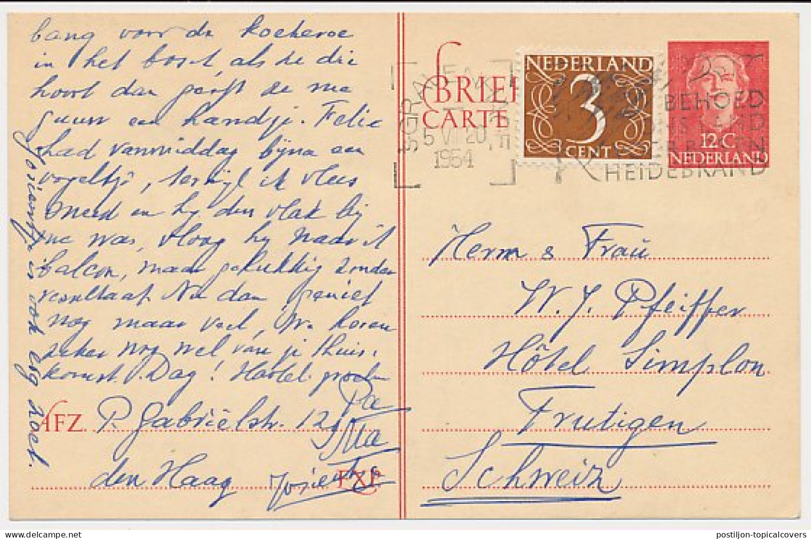 Briefkaart G. 306/ Bijfrankering Den Haag - Zwitserland 1954 - Postal Stationery