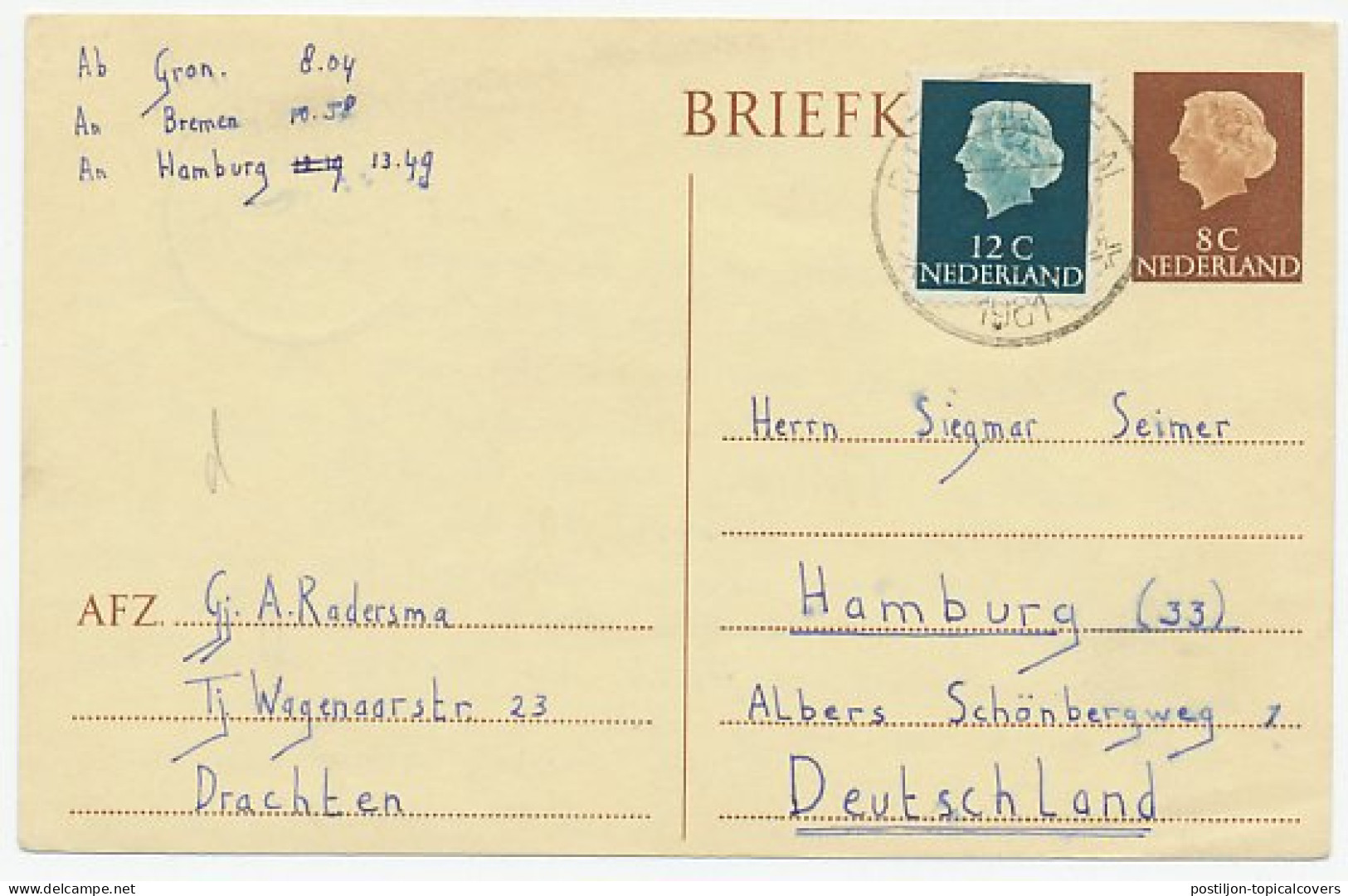 Briefkaart G. 325 / Bijfrankering Drachten - Duitsland 1961 - Postal Stationery