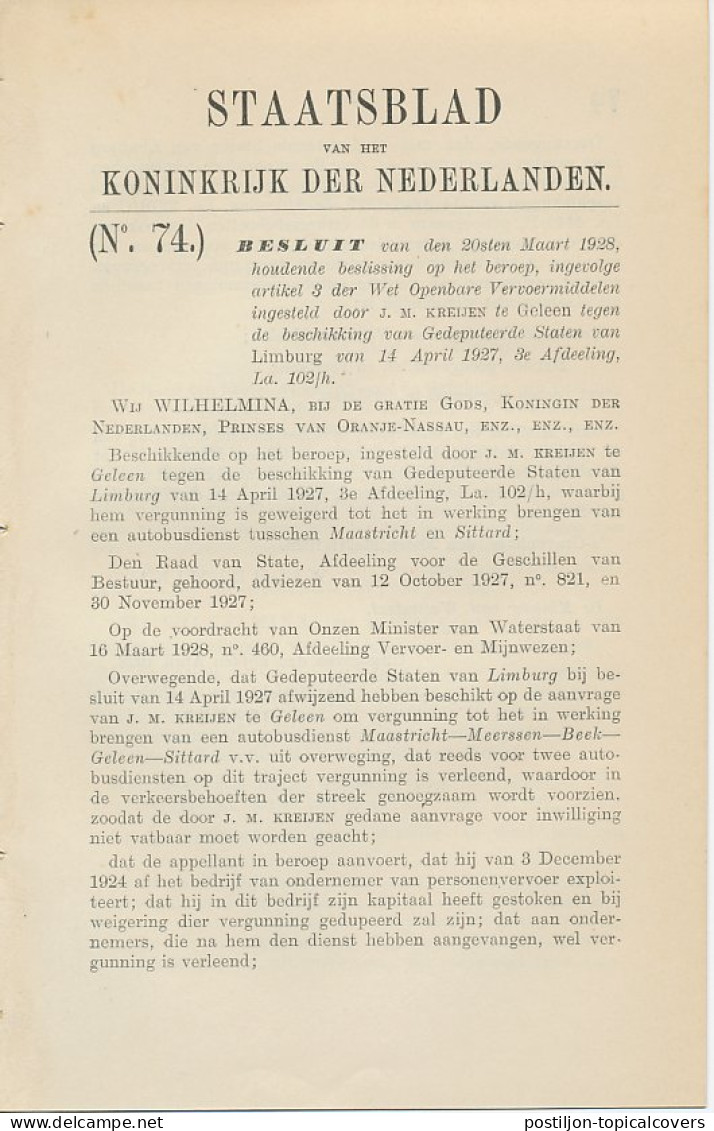 Staatsblad 1928 : Autobusdienst Maastricht - Sittard - Documenti Storici