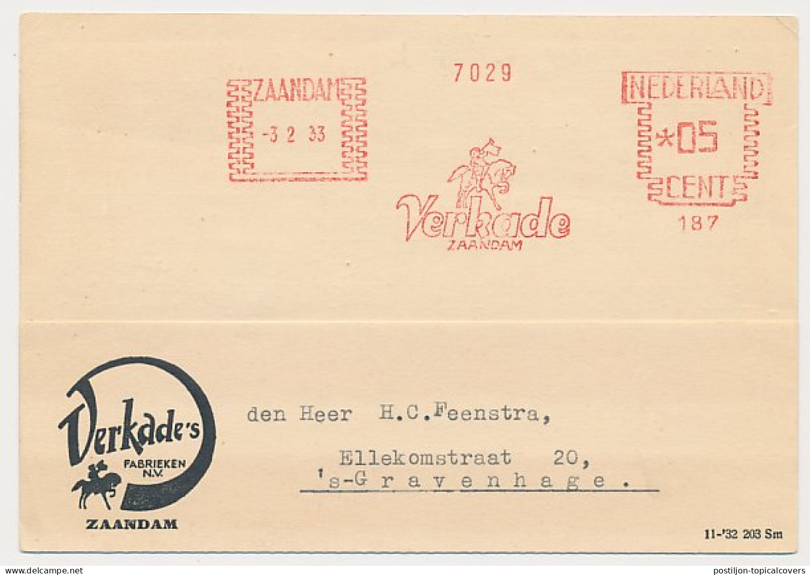 Meter Card Netherlands 1933 Horse - Herald - Verkade - Zaandam  - Reitsport