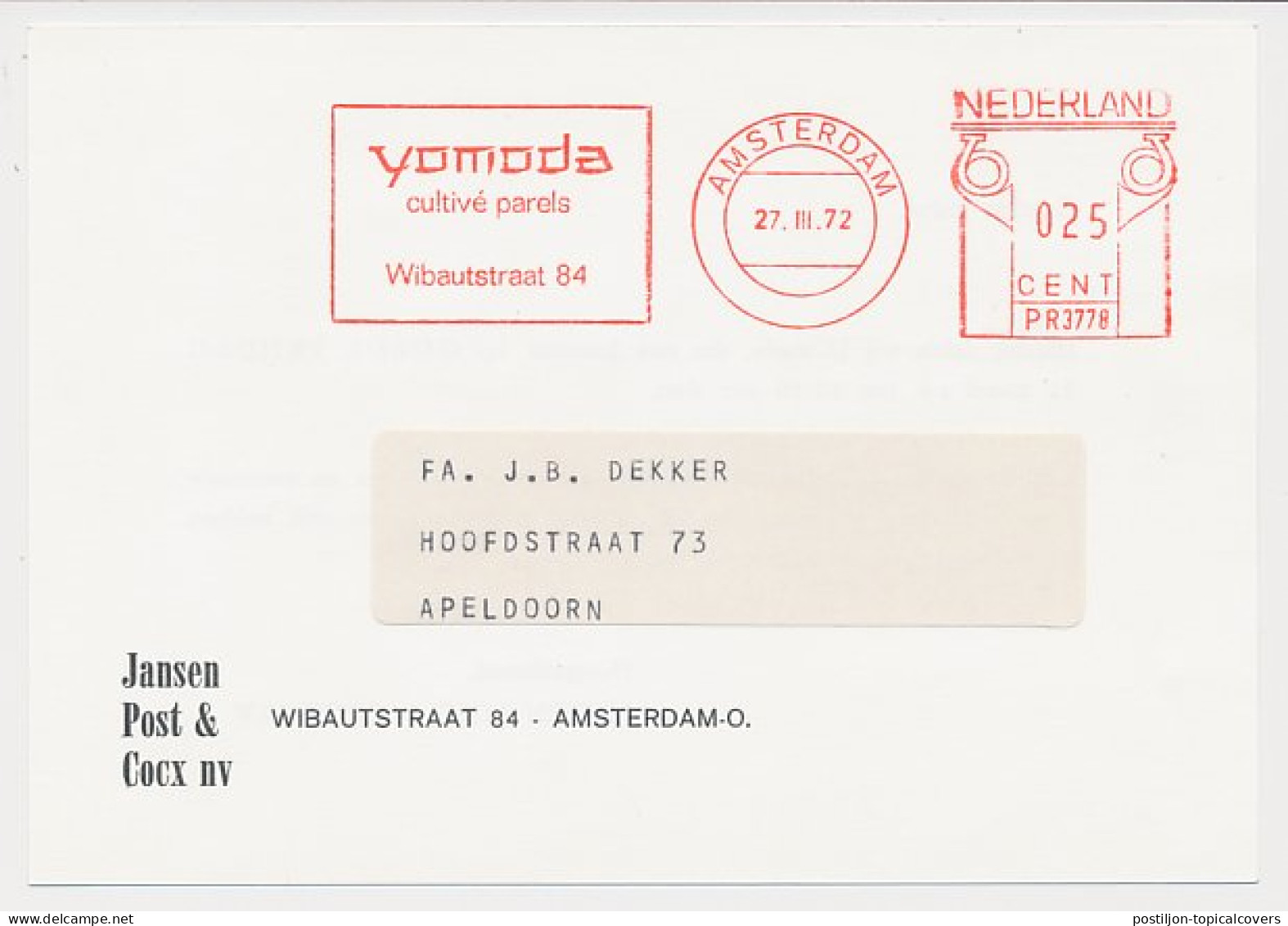 Meter Card Netherlands 1972 Cultivated Pearls - Yomoda - Amsterdam - Unclassified