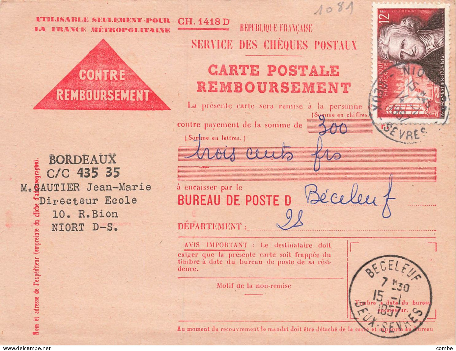 FRANCE SEUL SUR LETTRE. N° 1081. PARMENTIER. CP REMBOURSEMENT. INTERIEUR - 1921-1960: Moderne