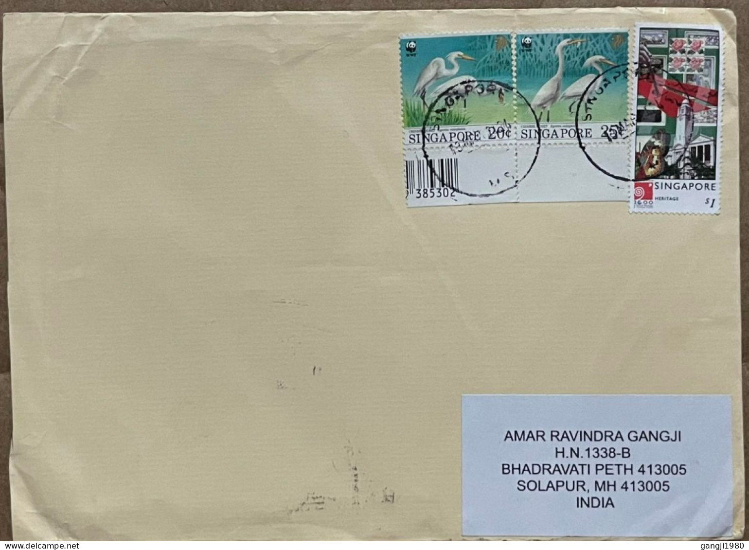 SINGAPORE 2024, COVER USED TO INDIA, WWF BIRD 2 DIFFERENT & 2000 HERITAGE, 3 STAMP, BUILDING, ARCHITECTURE - Singapur (1959-...)