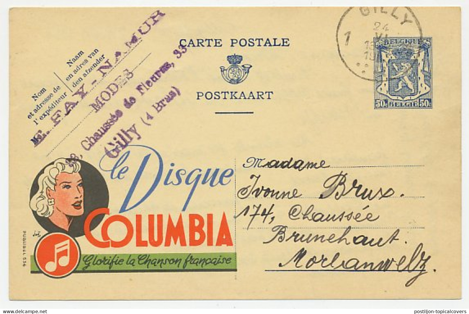 Publibel - Postal Stationery Belgium 1943 Gramophone Record - French Chanson - Columbia - Music