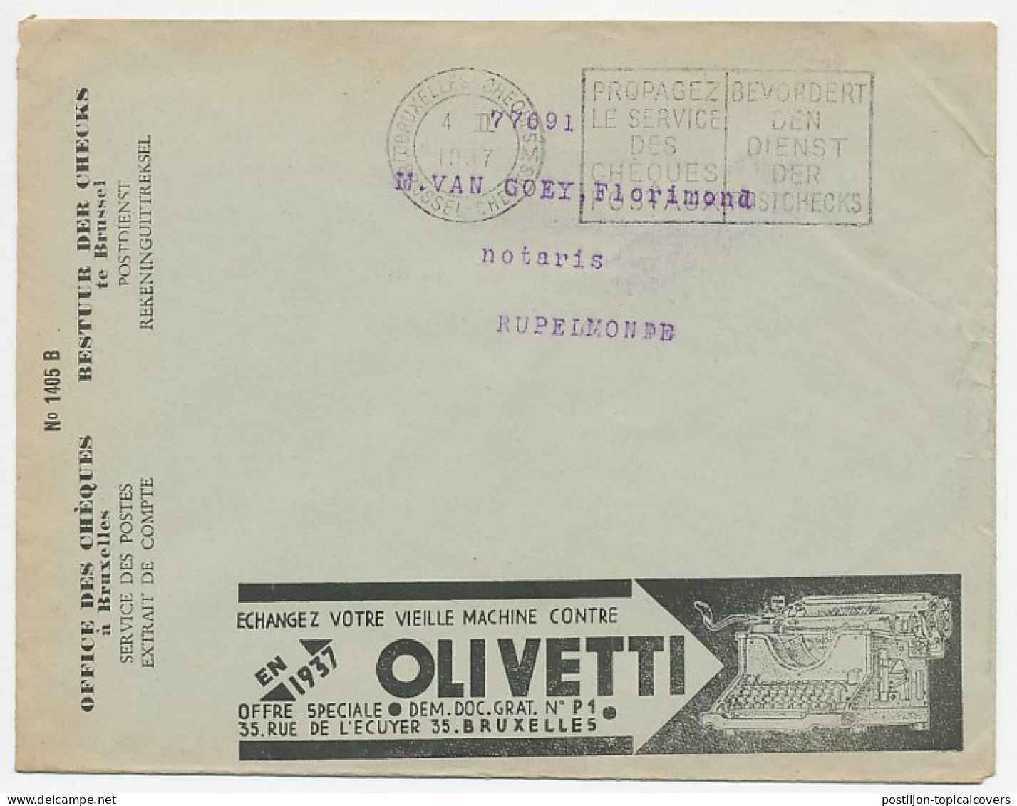 Postal Cheque Cover Belgium 1937 Typewriter - Olivetti - Bed Bugs - Pesticide - Skull - Port - Non Classés