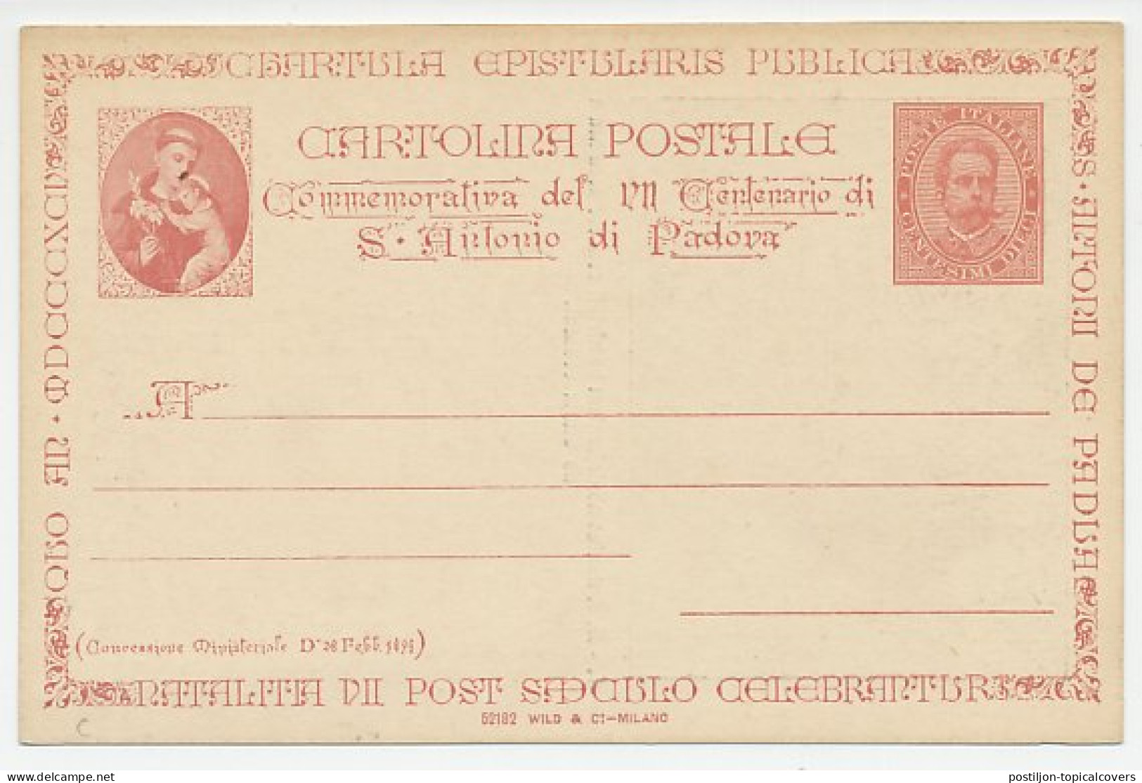 Postal Stationery Italy 1894 St. Anthony Of Padua  - Autres & Non Classés