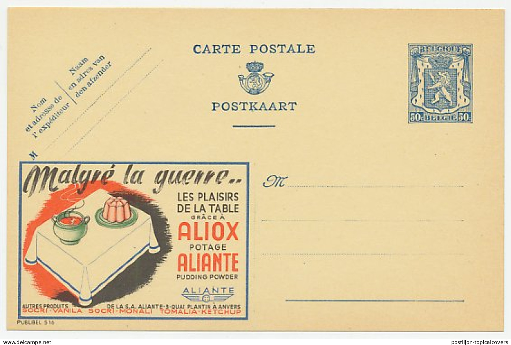 Publibel - Postal Stationery Belgium 1941 Soup - Pudding - Food