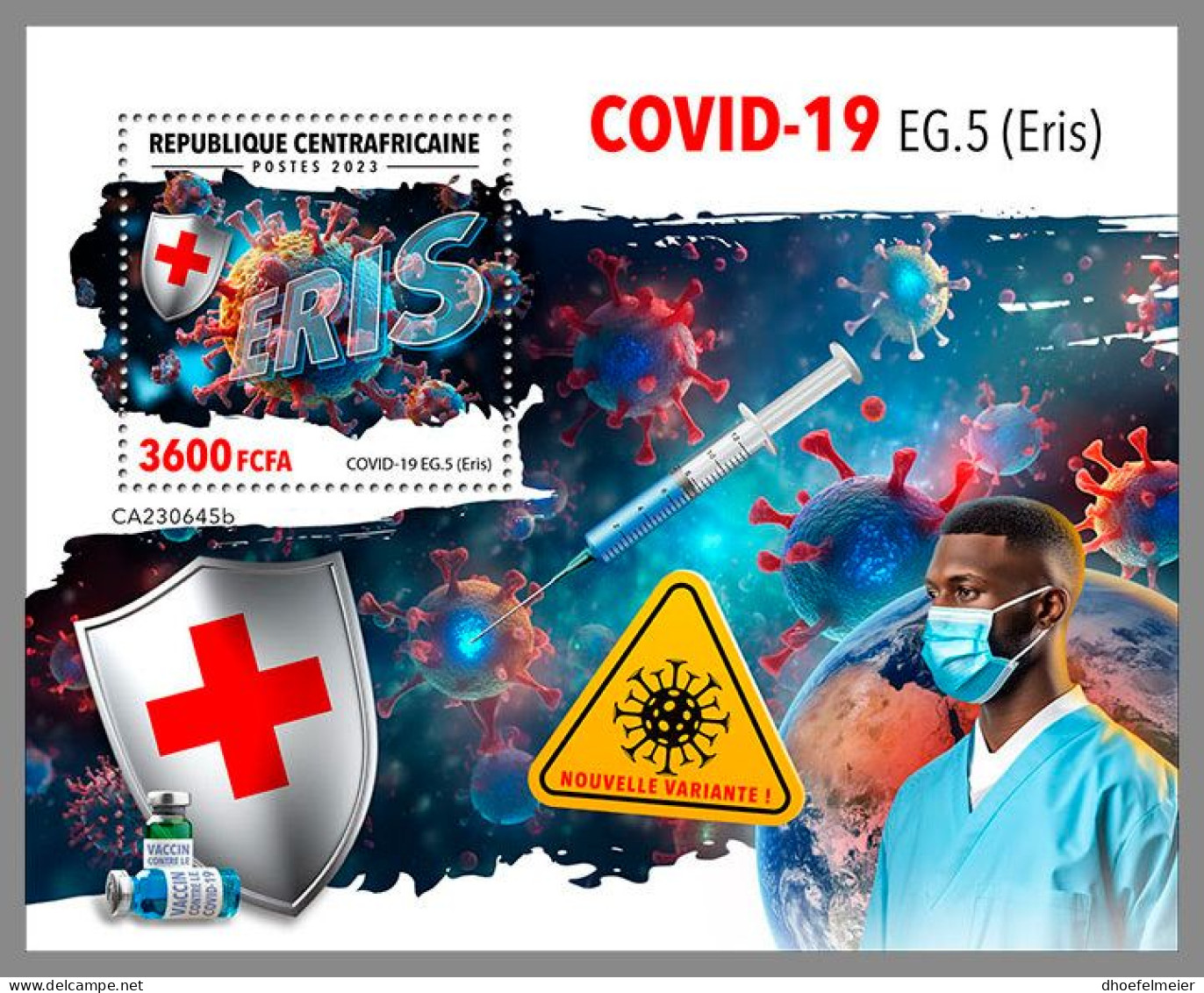 CENTRAL AFRICAN 2023 MNH New Covid-19 Variant EG-5 Eris Rotes Kreuz S/S – IMPERFORATED – DHQ2419 - Rotes Kreuz