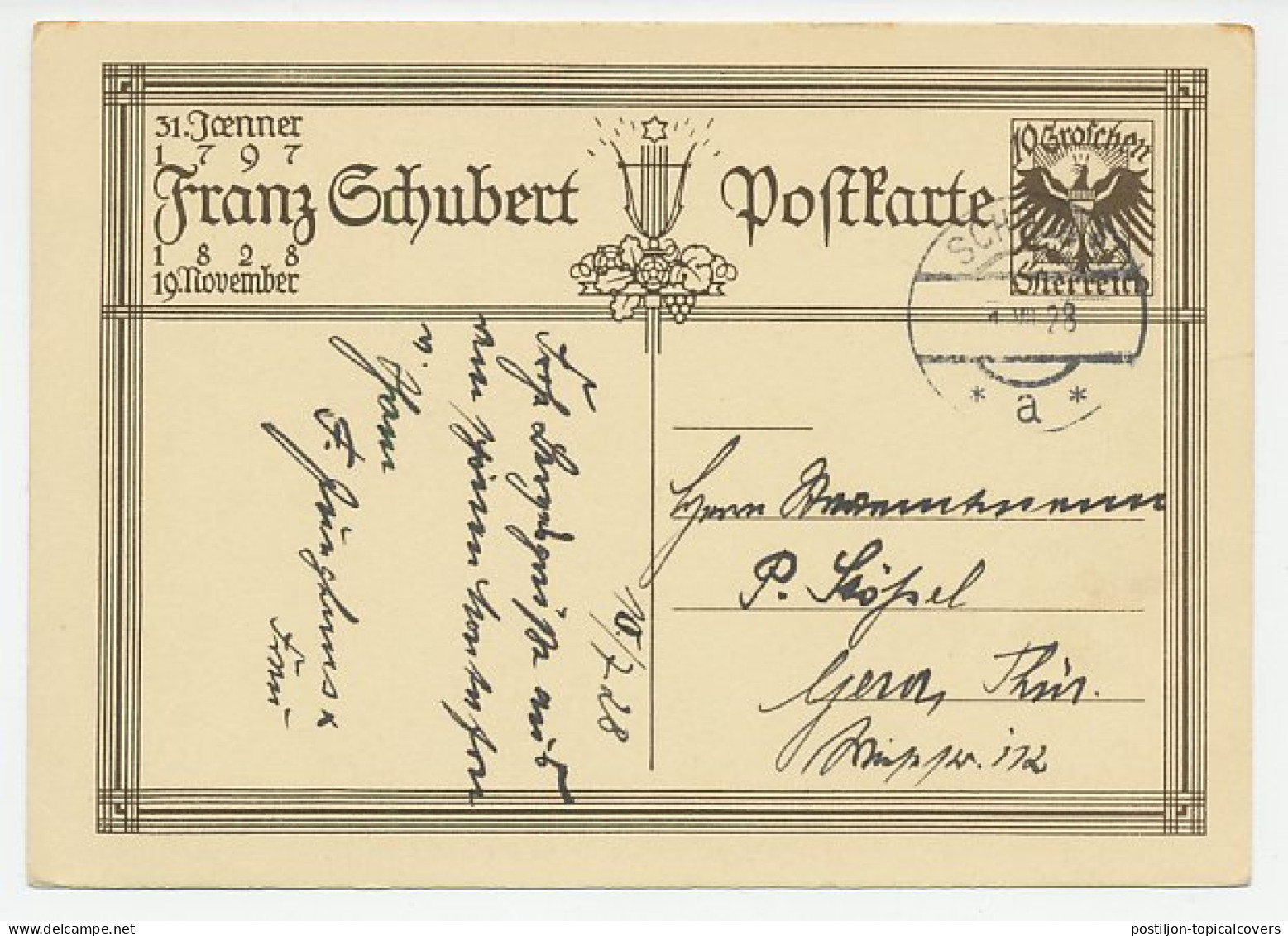Postal Stationery Austria 1928 Franz Schubert - Composer - Music