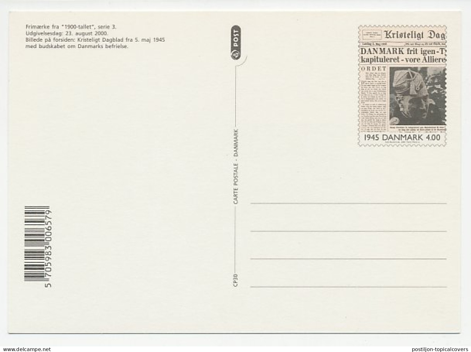 Postal Stationery Denmark 2000 Denmark S Liberattion 1945 - Newspaper - WW2