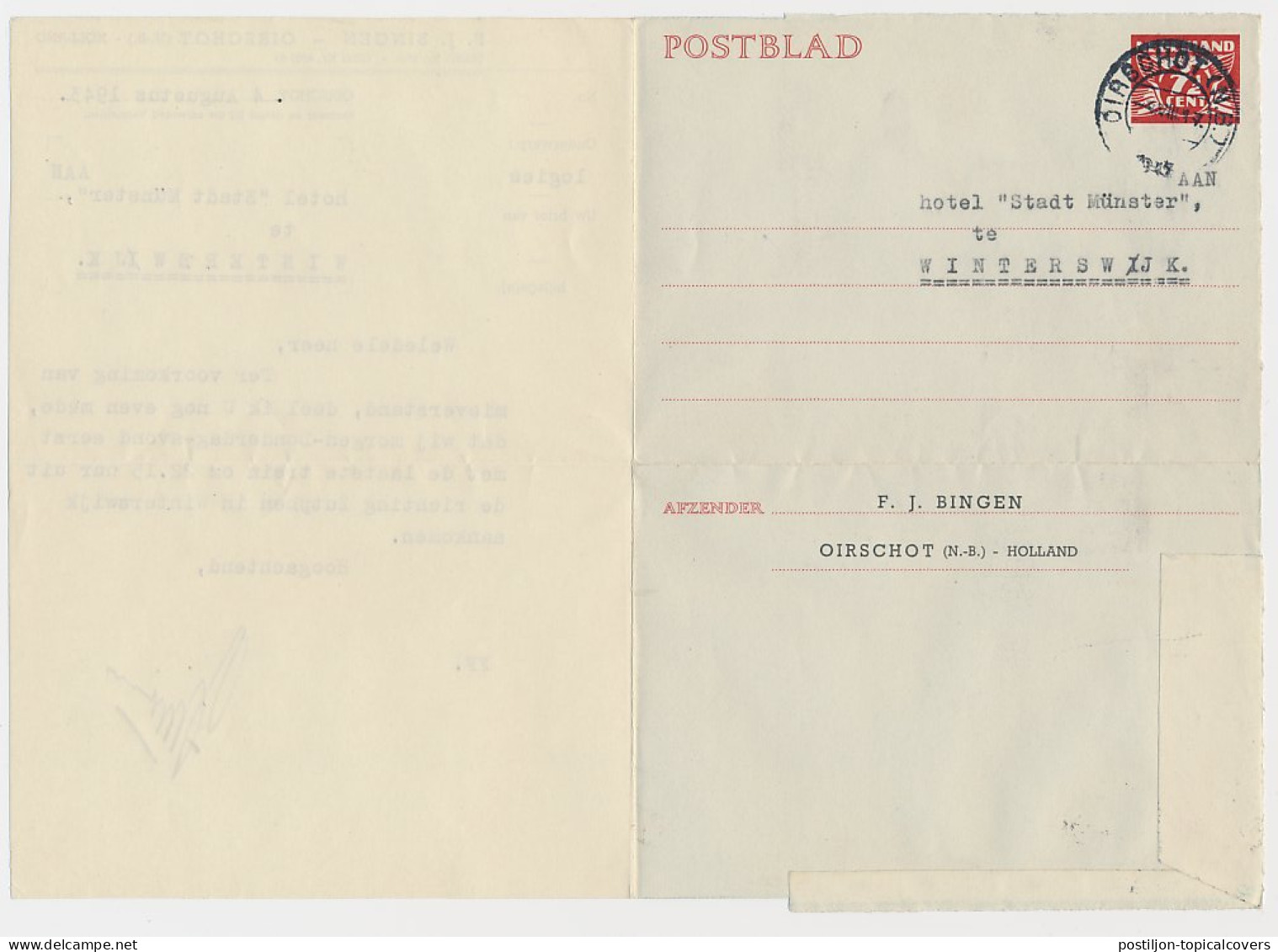 Postblad G. 23 Particulier Bedrukt Oirschot 1943 - Postal Stationery