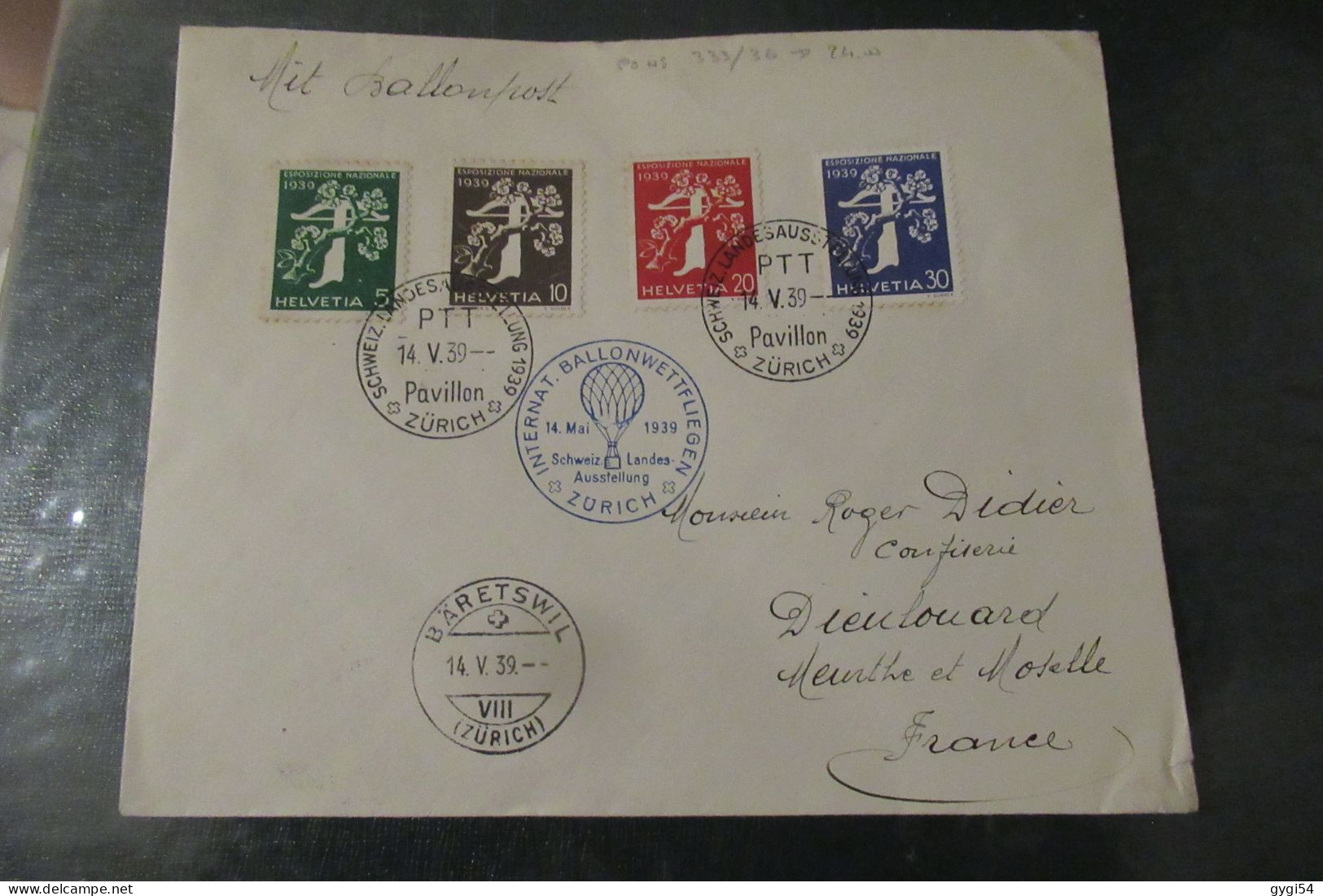 SUISSE LETTRE MIT BALLONPOST  DU 14  05 1939 DE ZURICH Pour Dieulouard  ( 54 )ITALIEN - Briefe U. Dokumente