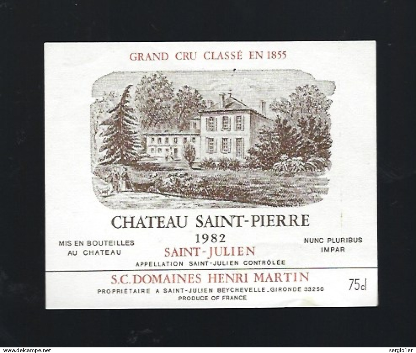 Etiquette Vin Chateau  Saint Pierre  Grand Cru Classé  Saint Julien 1982  Domaines Henri Martin   Propriétaire - Bordeaux